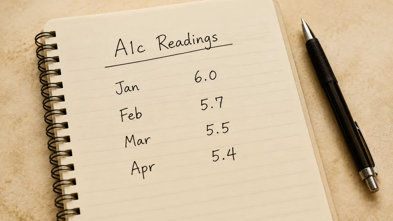 A handwritten lab results notebook showing A1c readings across four monthly checkpoints trending downward