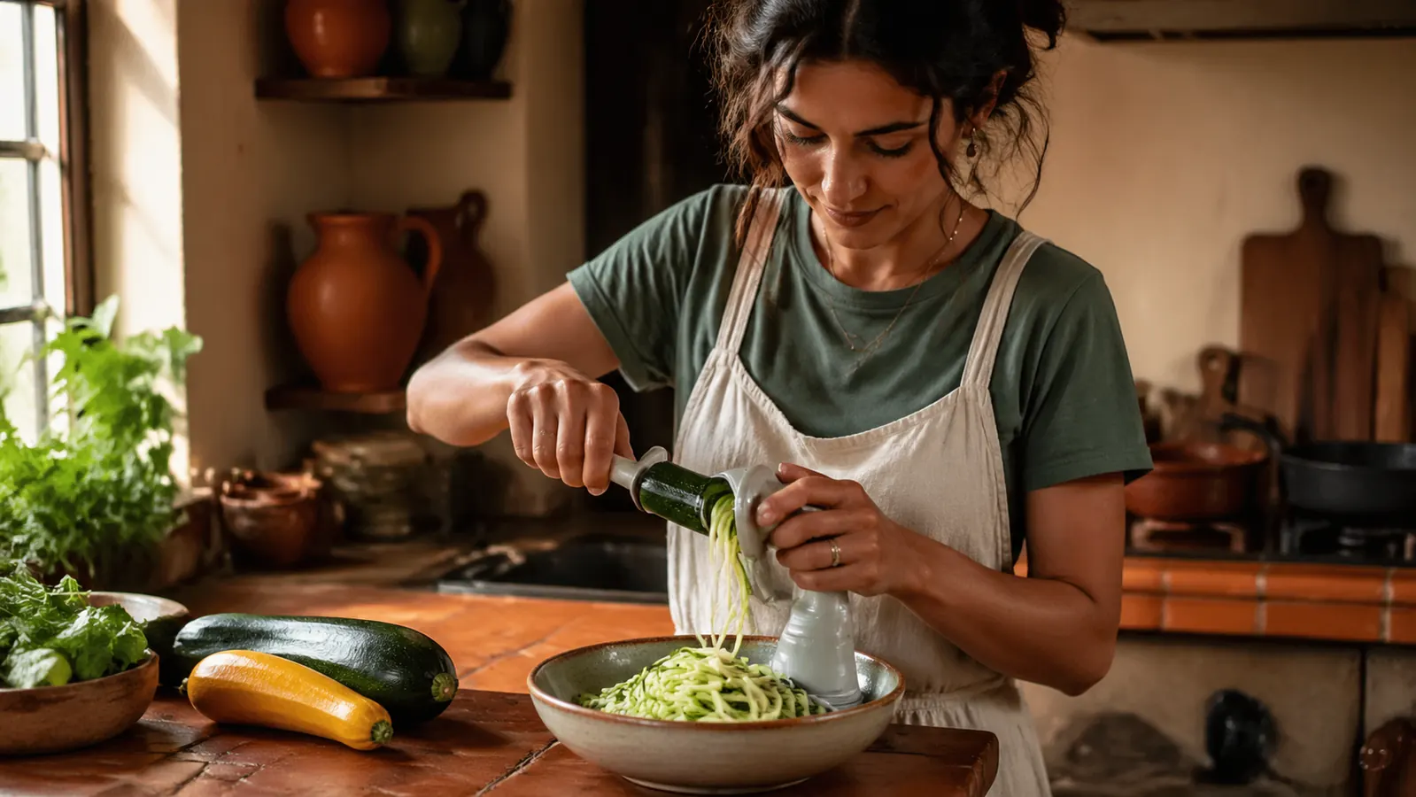 A warm kitchen counter with fresh zucchini, yellow squash, and a spiralizer next to a bowl of veggie noodles, morning light through a window